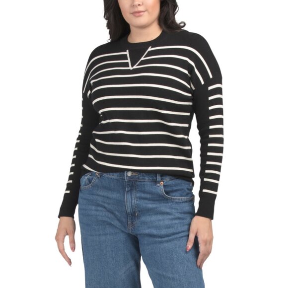 EDINBURGH KNITS Black/white Stripe Pima Cotton Blend Striped Front Sweater - Picture 2 of 2